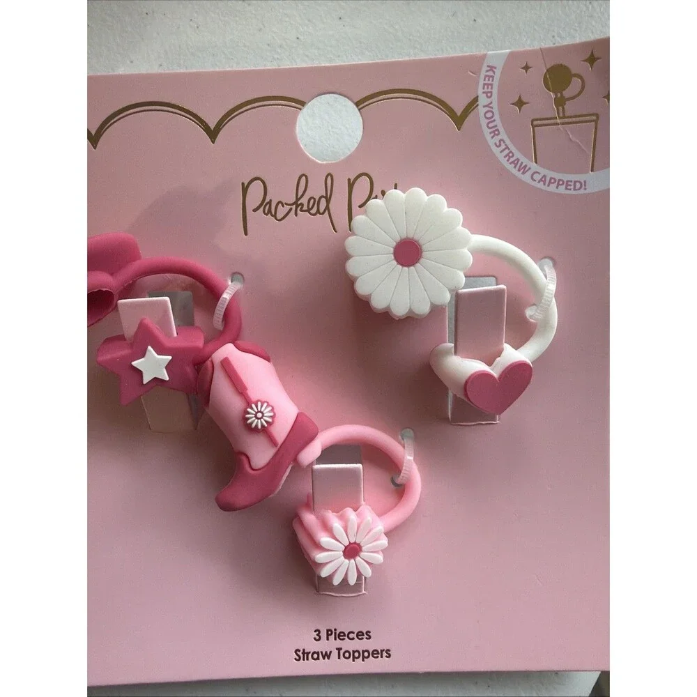Lot of 2 Silicone Straw Topper Sets Cowgirl Cowboy Hats Daisy Stanley Charms